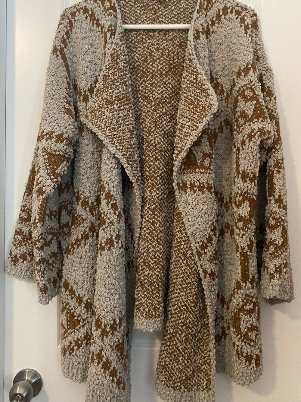 POL Aztec Geometric Popcorn Knit Waterfall Cardigan - Neutral Brown & Gray OS